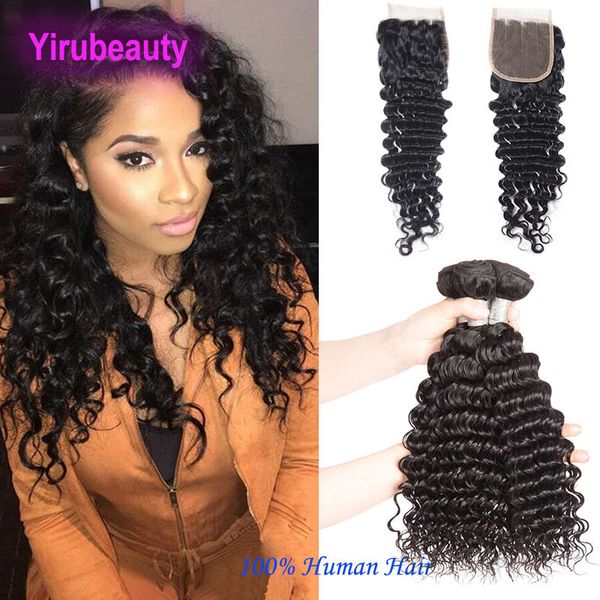 brazilian deep wave bundles with 4*4 closure middle three part 5 pieces/lot human hair lace closure with bundles 8-28inch, Black;brown